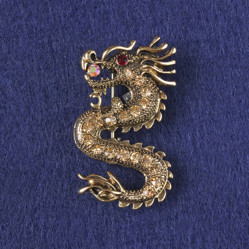 Dragon Brooch-Pendant, Yellow Rhinestones, Gold-Tone Metal 40x23mm +