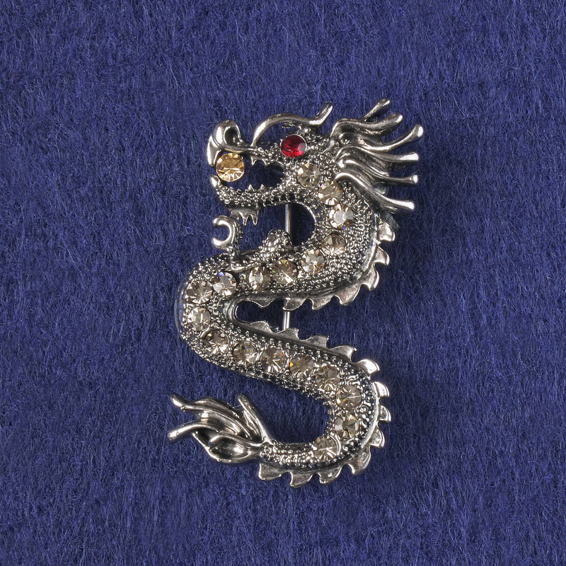Dragon Brooch-Pendant, White Rhinestones, Silver-Tone Metal 40x23mm +