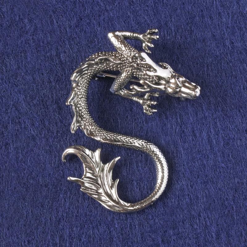 Dragon Brooch-Pendant, Silver-Tone Metal 44x30mm +