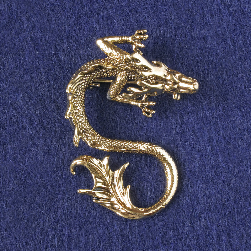 Dragon Brooch-Pendant, Gold-Tone Metal 44x30mm +