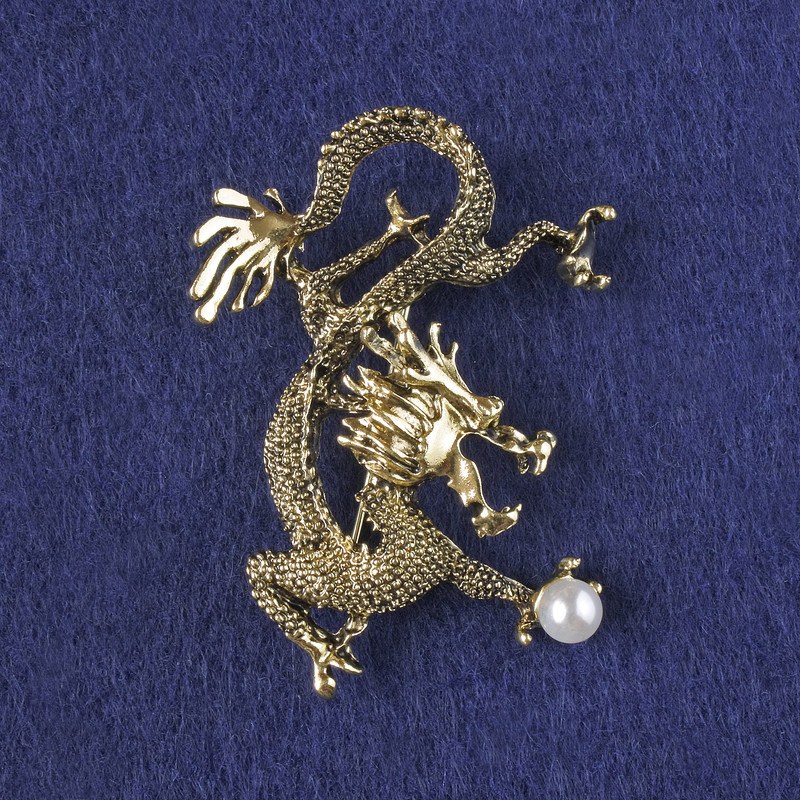 Dragon Brooch-Pendant with White Bead, Gold-Tone Metal 53x43mm +