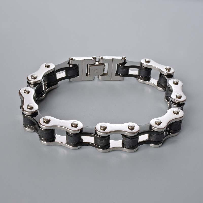 Chain Bracelet, Silver-Tone Metal and Black Rubber, Thickness 13.5mm, Length 21cm +