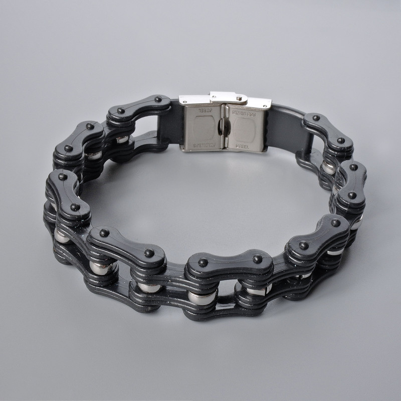 Chain Bracelet, Silver-Tone Metal and Black Rubber, Thickness 16mm, Length 23cm +