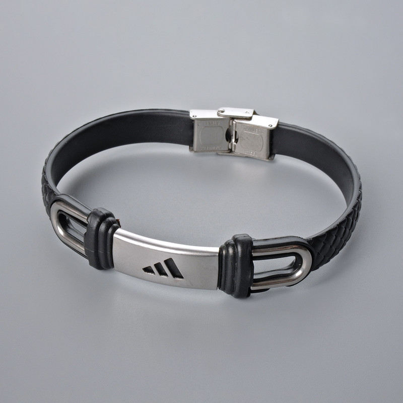 Men's Bracelet with Metal Inserts, Length 21cm+-, Thickness 10.5mm+-, Insert Thickness 11mm+-, Black Eco-Leather