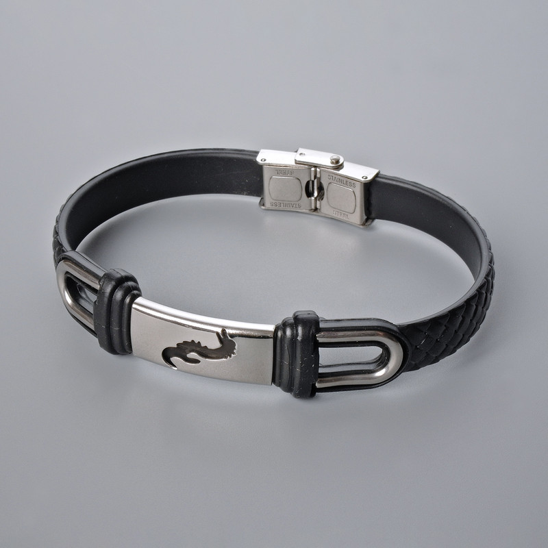 Men's Bracelet with Metal Inserts, Length 21cm+-, Thickness 10.5mm+-, Insert Thickness 11mm+-, Black Eco-Leather