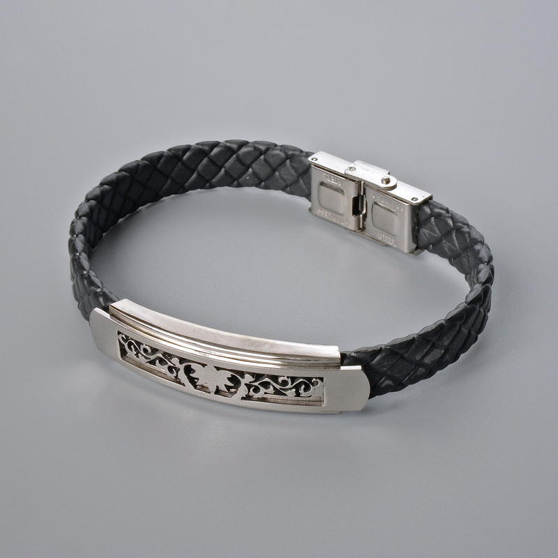 Men's Bracelet with Metal Inserts, Length 21cm+-, Thickness 10mm+-, Insert Thickness 12mm+-, Black Eco-Leather