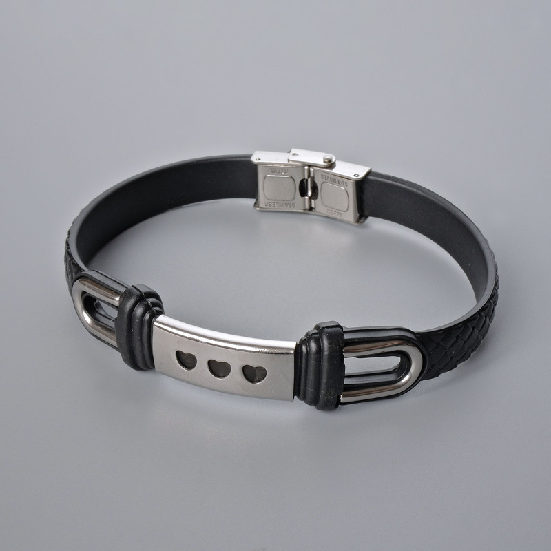 Men's Bracelet with Metal Inserts, Length 21cm+-, Thickness 10mm+-, Insert Thickness 11mm+-, Black Eco-Leather