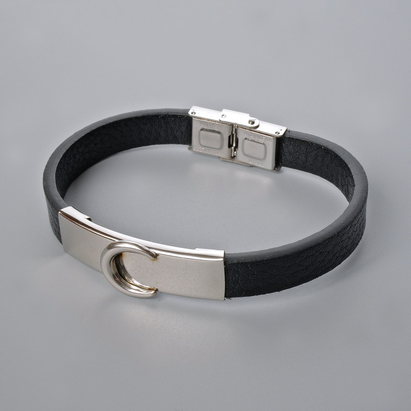 Men's Bracelet with Metal Inserts, Length 21cm+-, Thickness 10mm+-, Insert Thickness 14mm+-, Black Eco-Leather