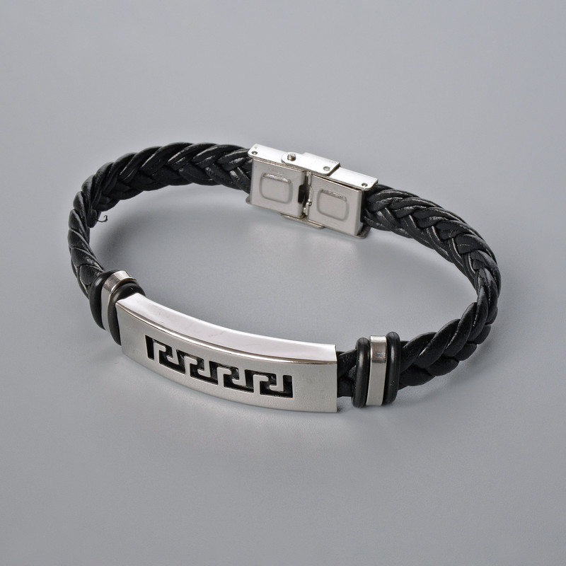 Men's Bracelet with Metal Inserts, Length 21cm+-, Thickness 9.5mm+-, Insert Thickness 11, Black Eco-Leather