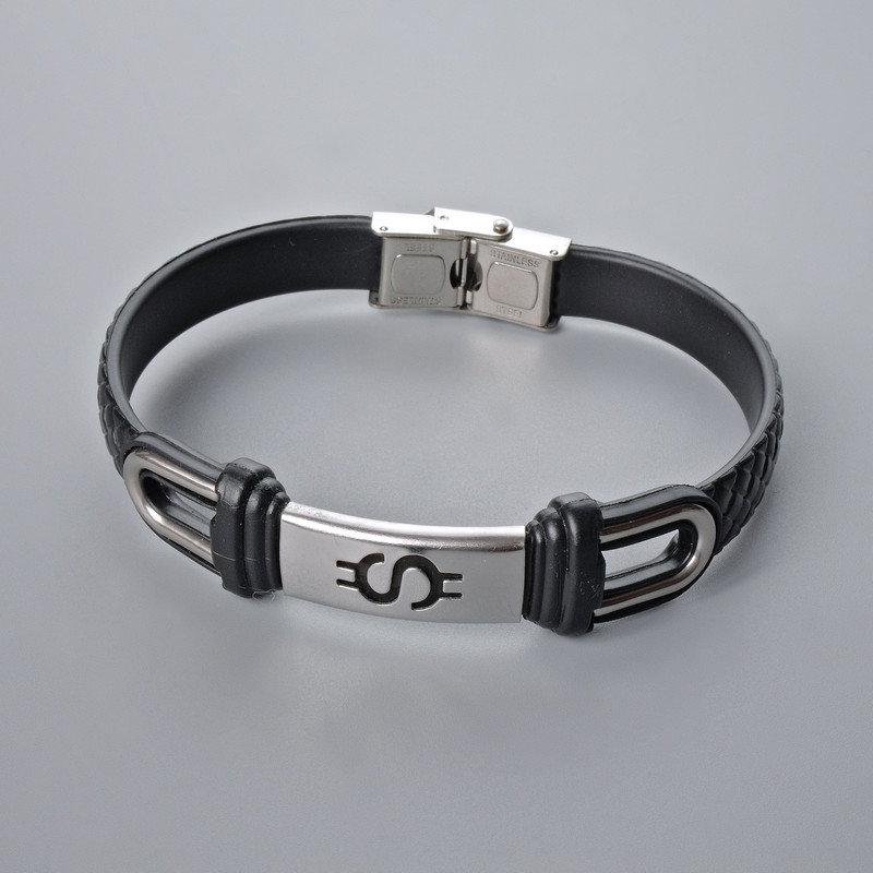 Men's Bracelet with Metal Inserts, Length 21cm+-, Thickness 10.5mm+-, Insert Thickness 11mm+-, Black Eco-Leather