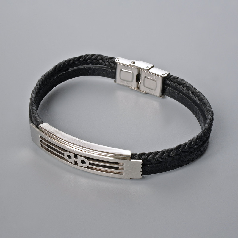 Men's Bracelet with Metal Inserts, Length 21cm+-, Thickness 10mm+-, Insert Thickness 12mm+-, Black Eco-Leather