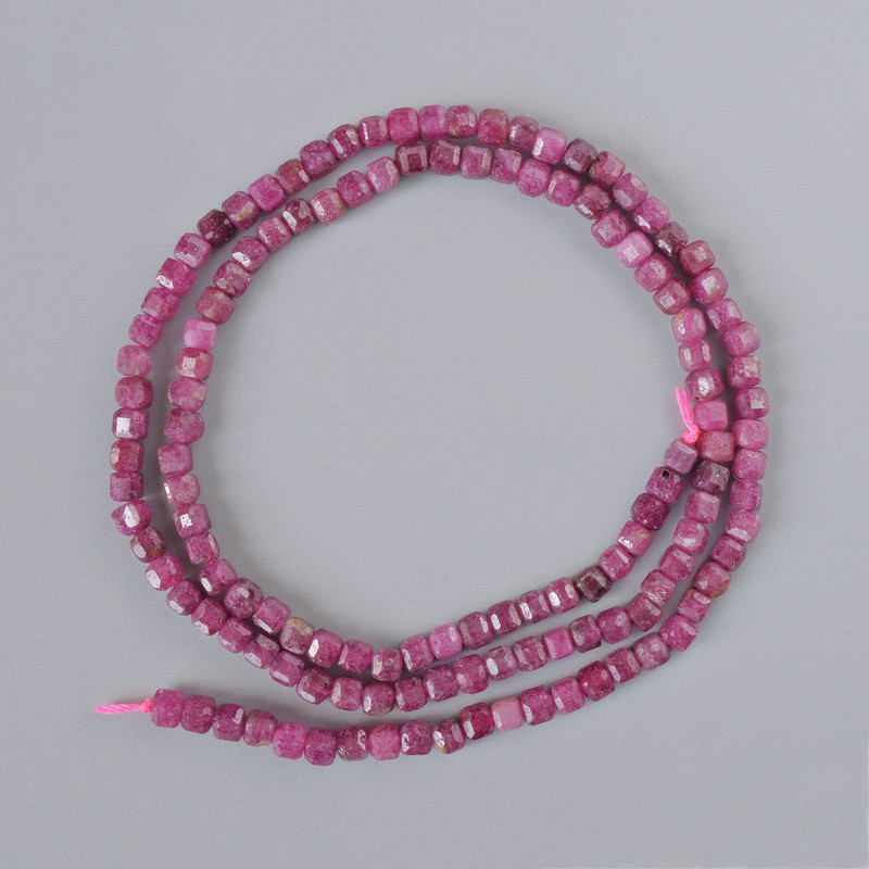 Ruby Beads, natural stone, faceted cube, diameter 3mm+/-, length 39cm+/- on a thread