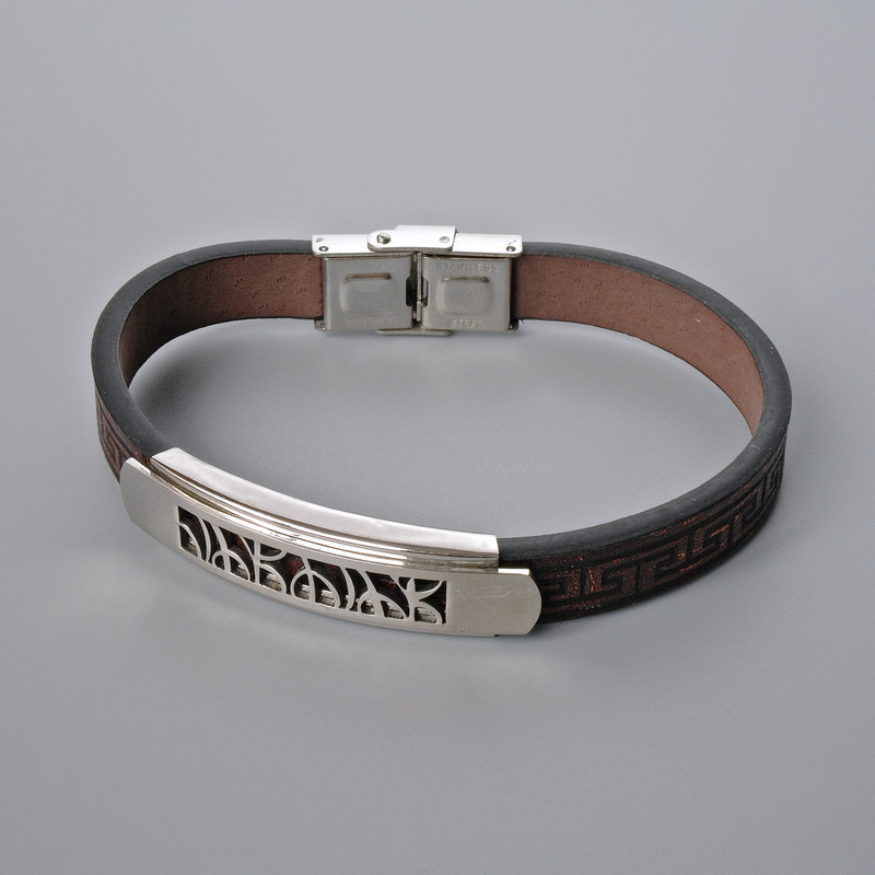 Men's bracelet with metal inlays, length 21cm, thickness 10mm±, inlay thickness 12mm±, brown eco-leather