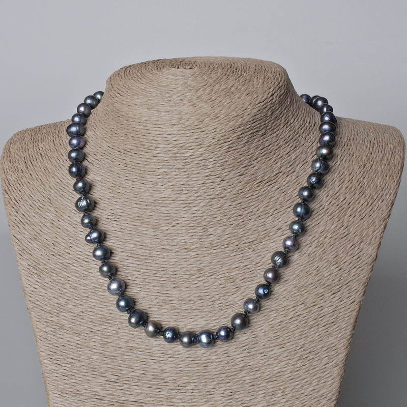 Clearance Necklace, Black River Pearls with "Petrol" Tint, Diameter 8x7mm+-, Length 44-45cm+