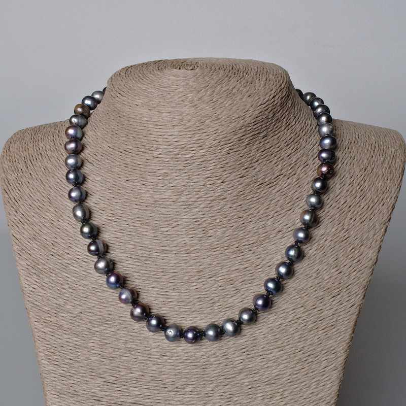 Necklace, Black River Pearls with "Petrol" Tint, Diameter 9x8mm+-, Length 45-46cm+