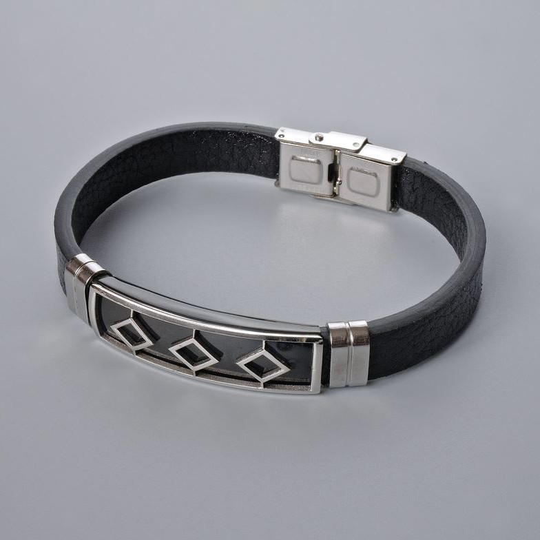 Men's Bracelet with Metal Inserts, Length 21cm, Thickness 10mm+-, Insert Thickness 11.5mm+-, Black Eco-Leather