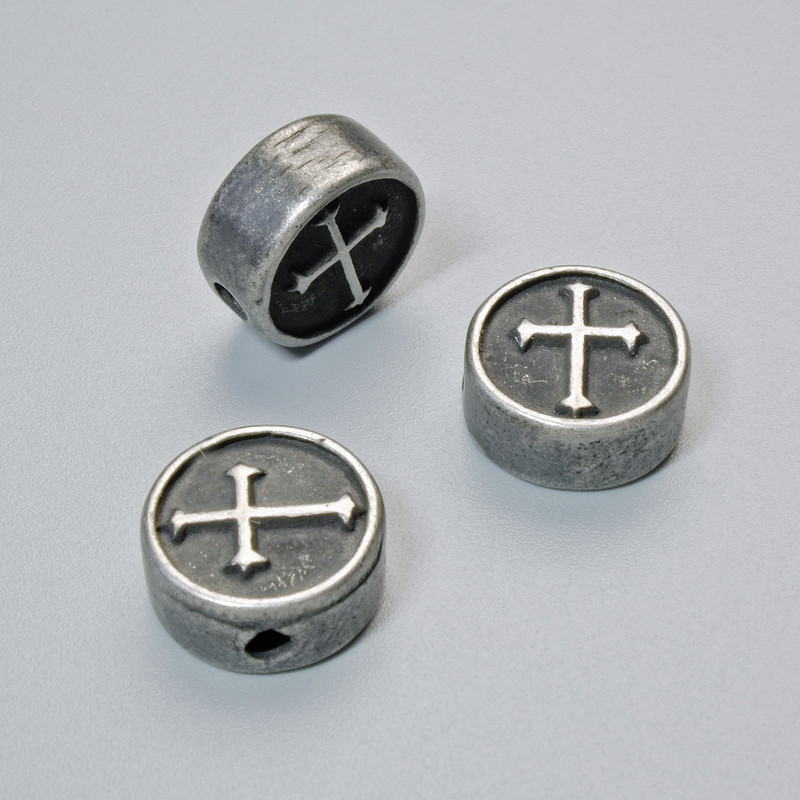 Findings Bead-Insert "Cross", diameter 10x4.5mm+/-, hole diameter 1.8mm, dark silver-coloured metal, 1pc