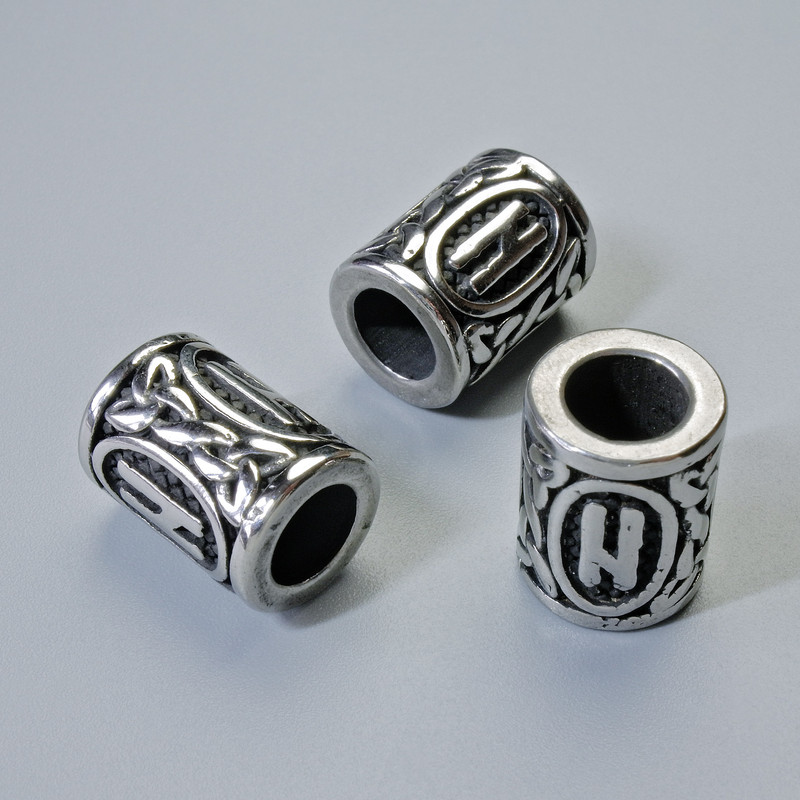 Scandinavian Rune Bead Finding, diameter 13x10mm+/-, hole diameter 6mm, silver-coloured metal, 1 pc