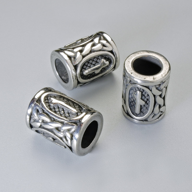 Scandinavian Rune Bead Finding, diameter 13x10mm+/-, hole diameter 6mm, silver-coloured metal, 1 pc