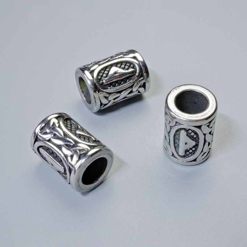 Scandinavian Rune Bead Finding, diameter 13x10mm+/-, hole diameter 6mm, silver-coloured metal, 1 pc