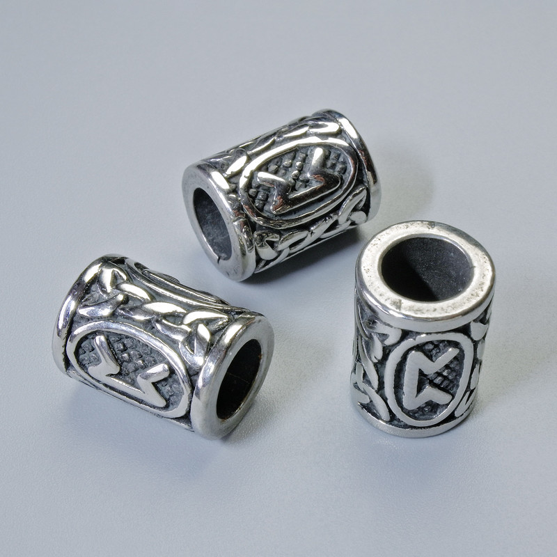 Scandinavian Rune Bead Finding, diameter 13x10mm+/-, hole diameter 6mm, silver-coloured metal, 1 pc