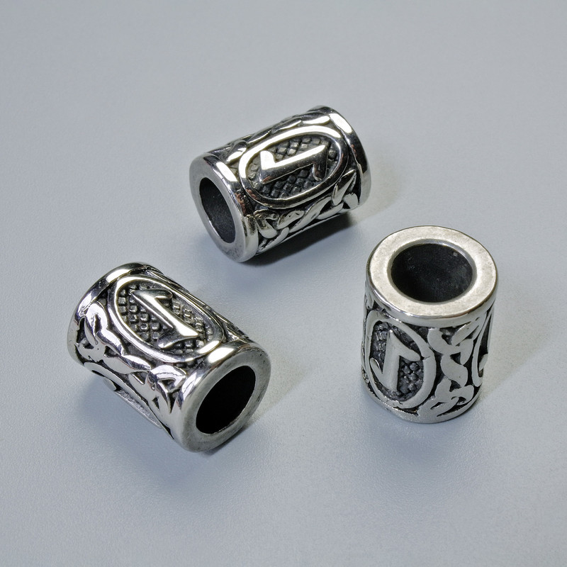 Scandinavian Rune Bead Finding, diameter 13x10mm+/-, hole diameter 6mm, silver-coloured metal, 1 pc