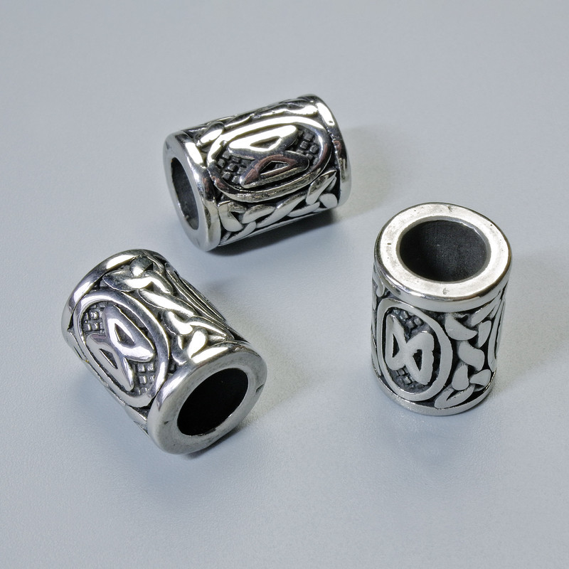 Scandinavian Rune Bead Finding, diameter 13x10mm+/-, hole diameter 6mm, silver-coloured metal, 1 pc