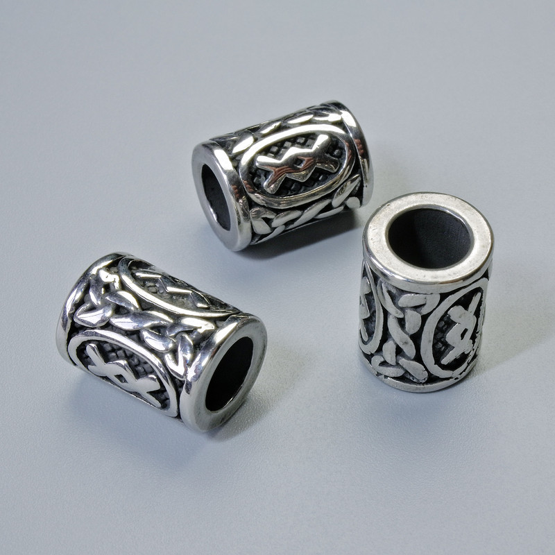 Scandinavian Rune Bead Finding, diameter 13x10mm+/-, hole diameter 6mm, silver-coloured metal, 1 pc