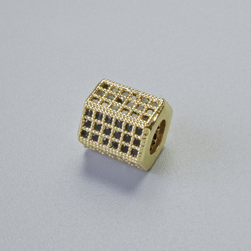 Bead Spacer with Black Rhinestones, diameter 8.5x8mm+-, hole diameter 4mm, gold-tone metal, 1 pc