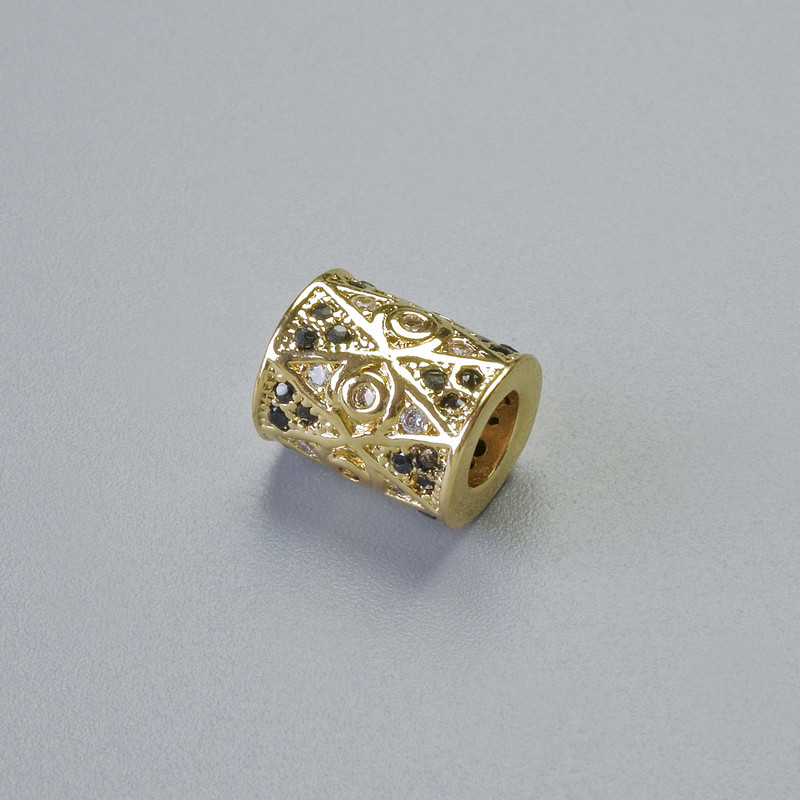 Bead Spacer with White and Black Rhinestones, diameter 9x7.5mm+-, hole diameter 4mm, gold-tone metal, 1 pc
