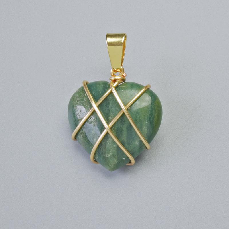 Pendant "Heart" Moss Agate in Gold-Tone Wire Wrap, diameter 20x20mm+-, length 30mm+