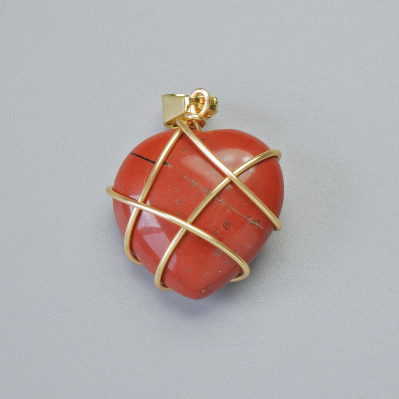 Pendant "Heart" Red Jasper in Gold-Tone Wire Wrap, diameter 20x20mm+-, length 30mm+