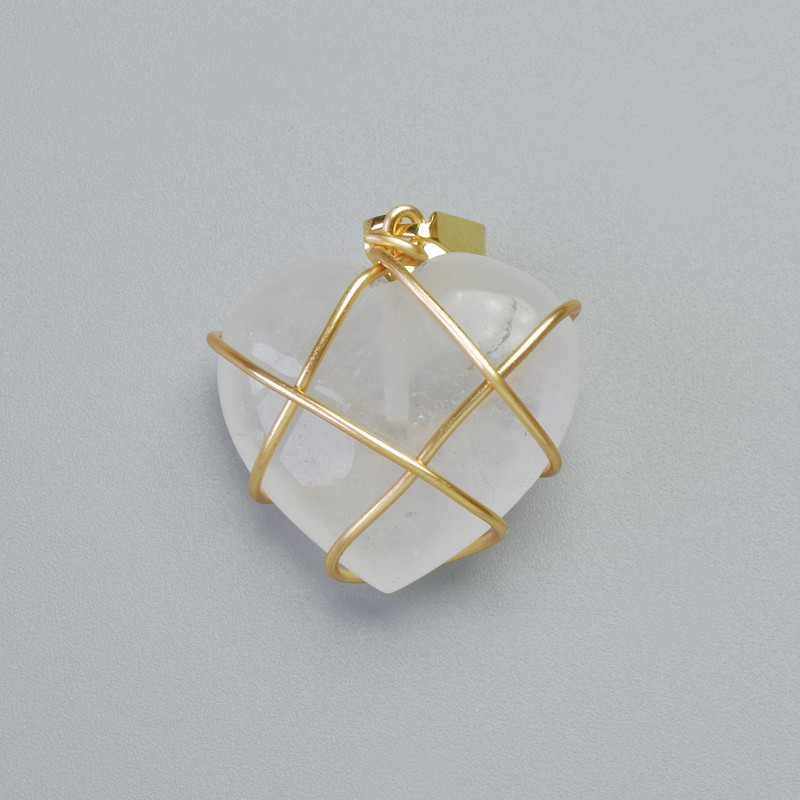 Pendant "Heart" Rock Crystal in Gold-Tone Wire Wrap, diameter 20x20mm+-, length 30mm+