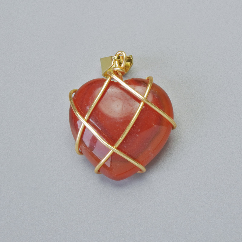Clearance! Pendant "Heart" Carnelian in Gold-Tone Wire Wrap, diameter 20x20mm+-, length 30mm+