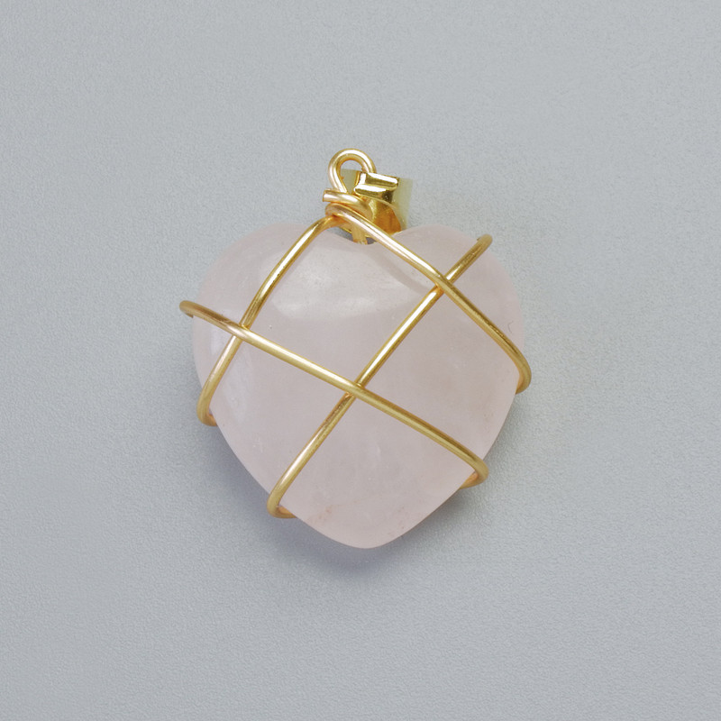 Pendant "Heart" Rose Quartz in golden wire-wrapped, diameter 20x20mm±, length 30mm±