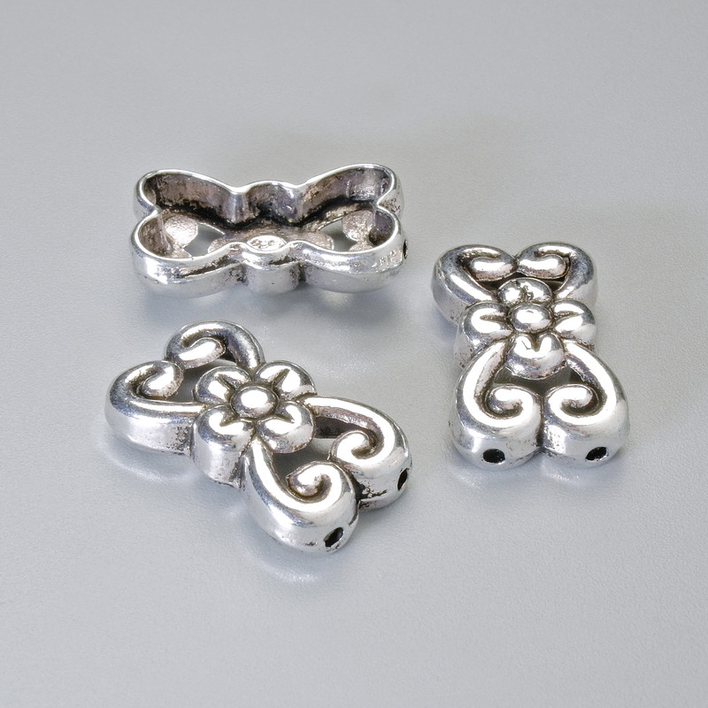 Jewellery Findings Insert Bead for 2 Strands, diameter 18.5x11mm +/-, hole diameter 1.3mm, silver-tone metal, 4pcs