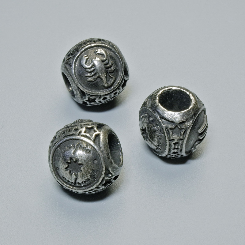 Jewellery Findings Insert Bead Zodiac Sign "Scorpio", diameter 9x10mm +/-, hole diameter 4.3mm, dark silver-tone metal, 1pc