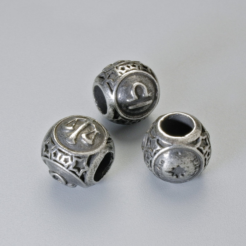 Findings bead insert Zodiac Sign "Libra", diameter 9x10mm+/-, hole diameter 4.3mm, dark silver metal colour, 1pc