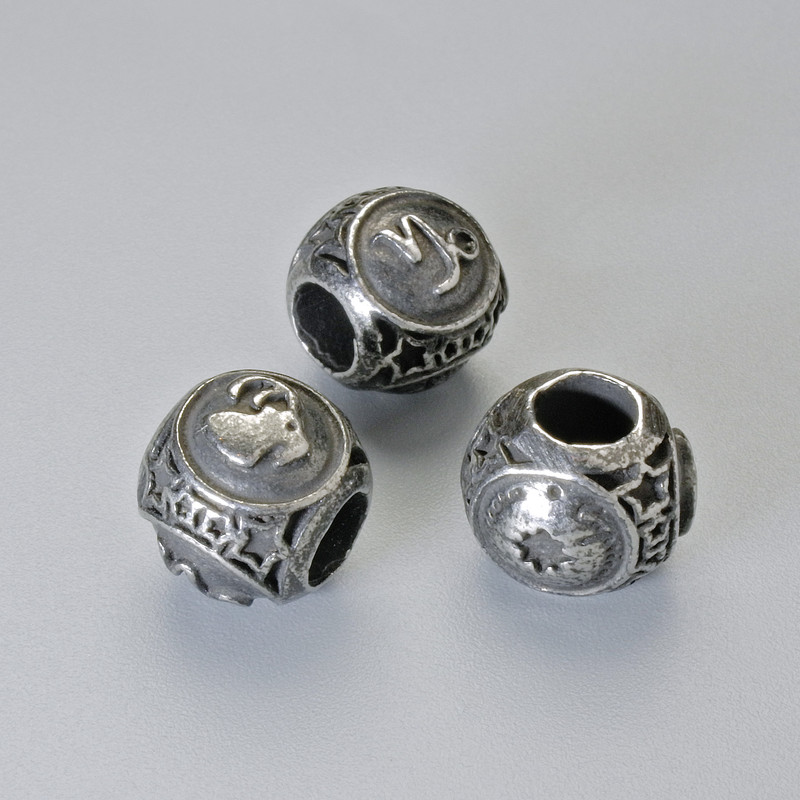 Jewellery Findings Insert Bead Zodiac Sign "Capricorn", diameter 9x10mm +/-, hole diameter 4.3mm, dark silver-tone metal, 1pc