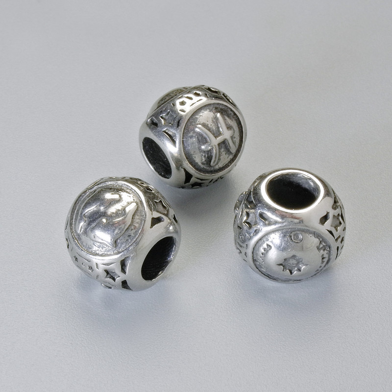 Jewellery Findings Insert Bead Zodiac Sign "Pisces", diameter 9x10mm +/-, hole diameter 4.3mm, silver-tone metal, 1pc