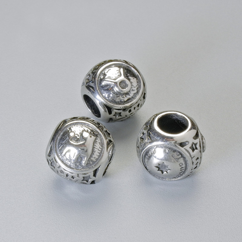 Jewellery Findings Insert Bead Zodiac Sign "Taurus", diameter 9x10mm +/-, hole diameter 4.3mm, silver-tone metal, 1pc