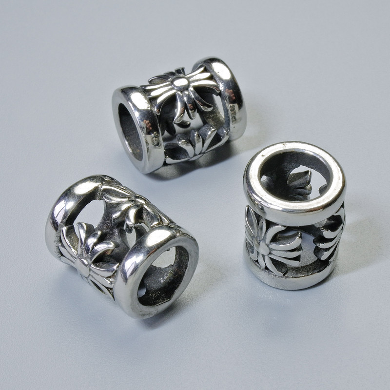 Bead spacer finding, diameter 12.5x10mm+/-, hole diameter 6.6mm, silver-coloured metal, 1pc