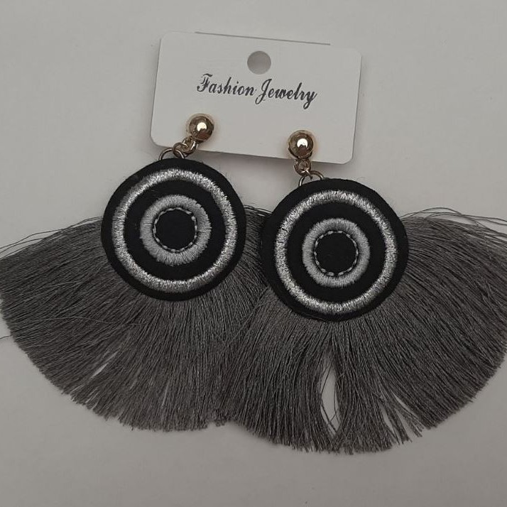 Tassel Stud Earrings, Grey, length 8cm, gold-tone metal