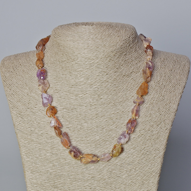 Amethyst & Strawberry Quartz Necklace Natural Raw Stone Tumbled, Diameter 9x13mm+/-, Length 45-49cm+