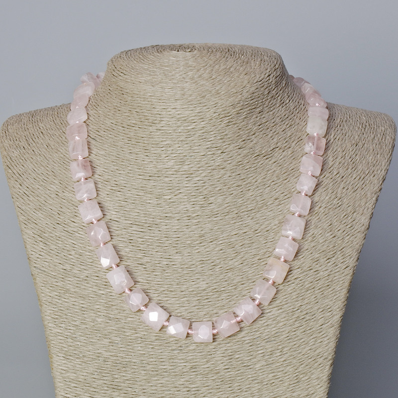 Rose Quartz Necklace Natural Stone Faceted Rectangle, 9x10x5mm+-, Length 45-49cm+
