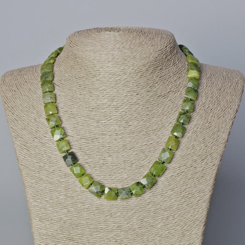 Canadian Jadeite Necklace, Natural Stone Faceted Rectangle, 9x10x5.5mm+/-, Length 45-47cm+
