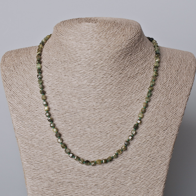 Green Tourmaline Necklace, Natural Stone Faceted Cube, Diameter 4mm+/-, Length 45-50cm+
