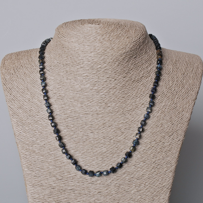 Hawk's Eye Necklace, Natural Stone Faceted Cube, Diameter 5mm+/-, Length 45-49cm+