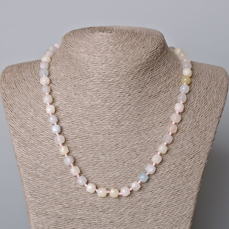 Morganite Necklace Natural Stone Faceted Cube, Diameter 7.5mm+-, Length 45-49cm+