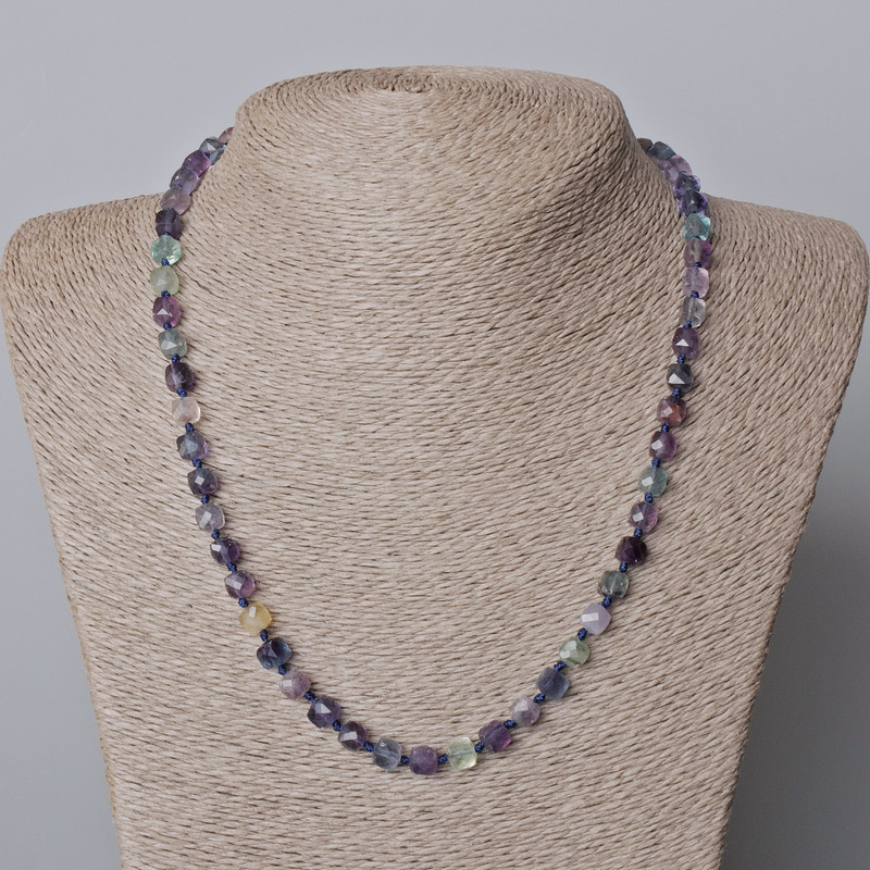 Fluorite Necklace, Natural Stone Faceted Cube, Diameter 6mm+/-, Length 45-49cm+